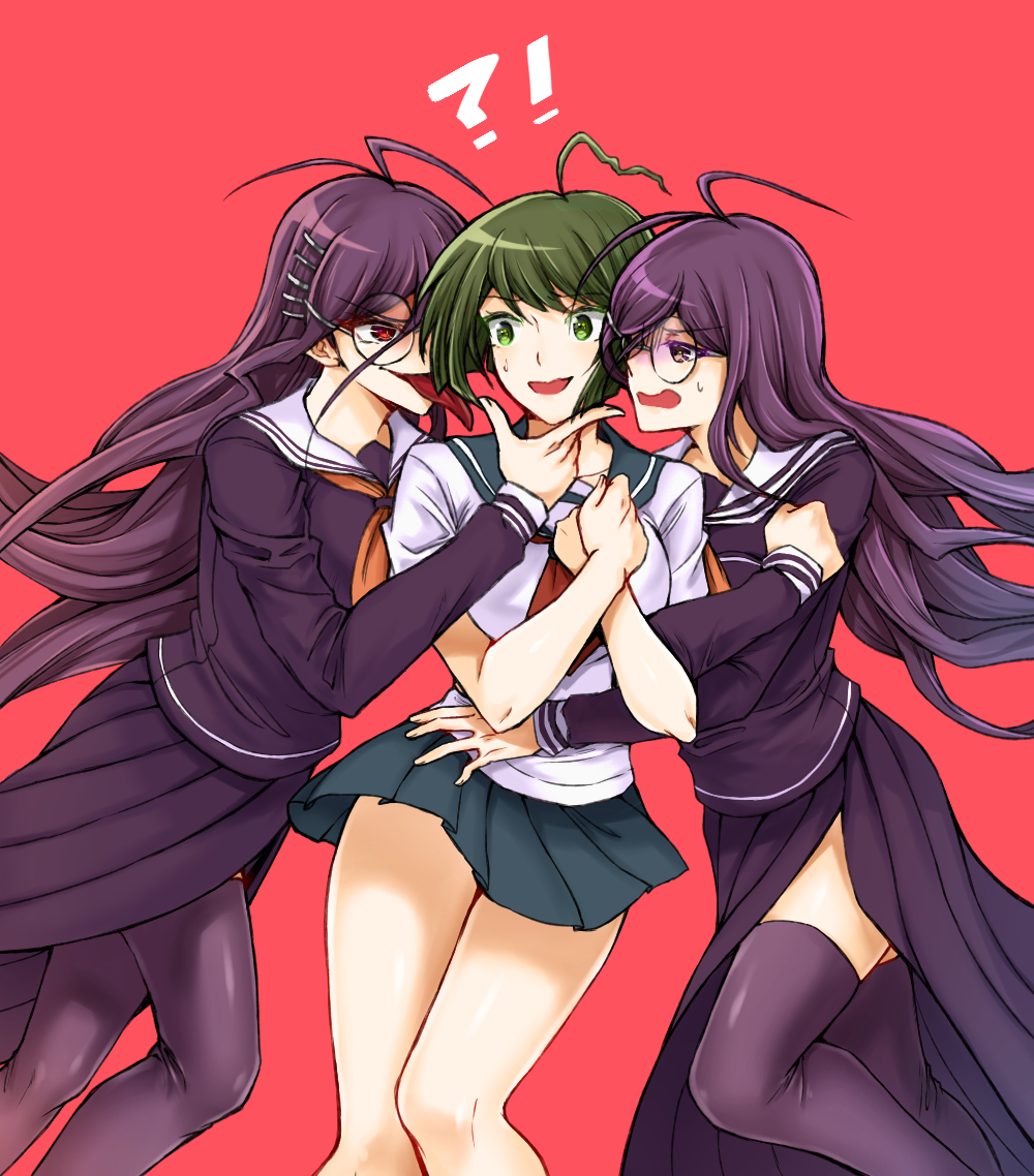 !? 3girls ahoge antenna_hair bangs black_legwear black_shirt breasts commentary_request dangan_ronpa_(series) dangan_ronpa_another_episode:_ultra_despair_girls dual_persona eyebrows_visible_through_hair feet_out_of_frame fukawa_touko genocider_shou girl_sandwich green_eyes green_skirt hair_ornament hand_up hands_up large_breasts long_hair long_sleeves long_tongue miniskirt multiple_girls naegi_komaru neckerchief open_mouth pleated_skirt red_background red_eyes red_neckwear sailor_collar sandwiched shirt short_hair side_slit simple_background skindentation skirt smile sweatdrop thigh-highs tongue tongue_out very_long_hair white_sailor_collar white_shirt xuni_guodu_(calrxaqp)