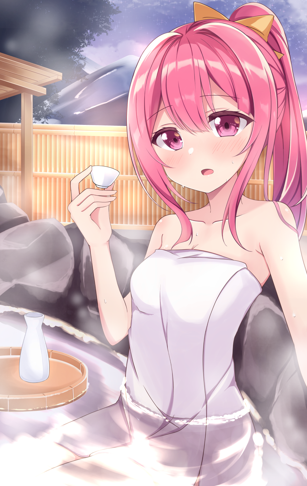 1girl acchii_(akina) blush choko_(cup) cup eyebrows_visible_through_hair hair_between_eyes highres holding holding_cup kamikaze_(kancolle) kantai_collection long_hair naked_towel onsen open_mouth partially_submerged purple_hair rock solo tokkuri towel violet_eyes water white_towel