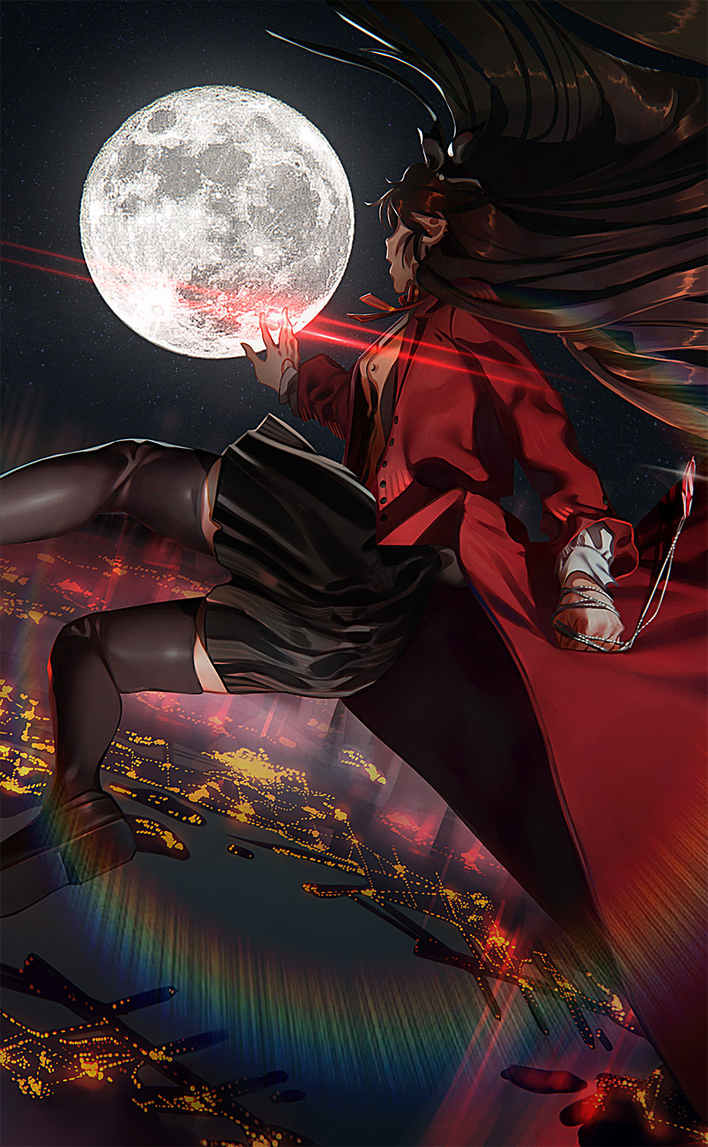 1girl alterab black_bow black_legwear black_skirt bow brown_footwear brown_legwear city_lights cityscape coat command_spell fate/stay_night fate_(series) floating_hair from_behind full_moon gem hair_bow highres jewelry long_hair looking_away moon night night_sky parted_lips red_coat shoes skirt sky solo sparkle thigh-highs tohsaka_rin two_side_up wind wrinkles zettai_ryouiki
