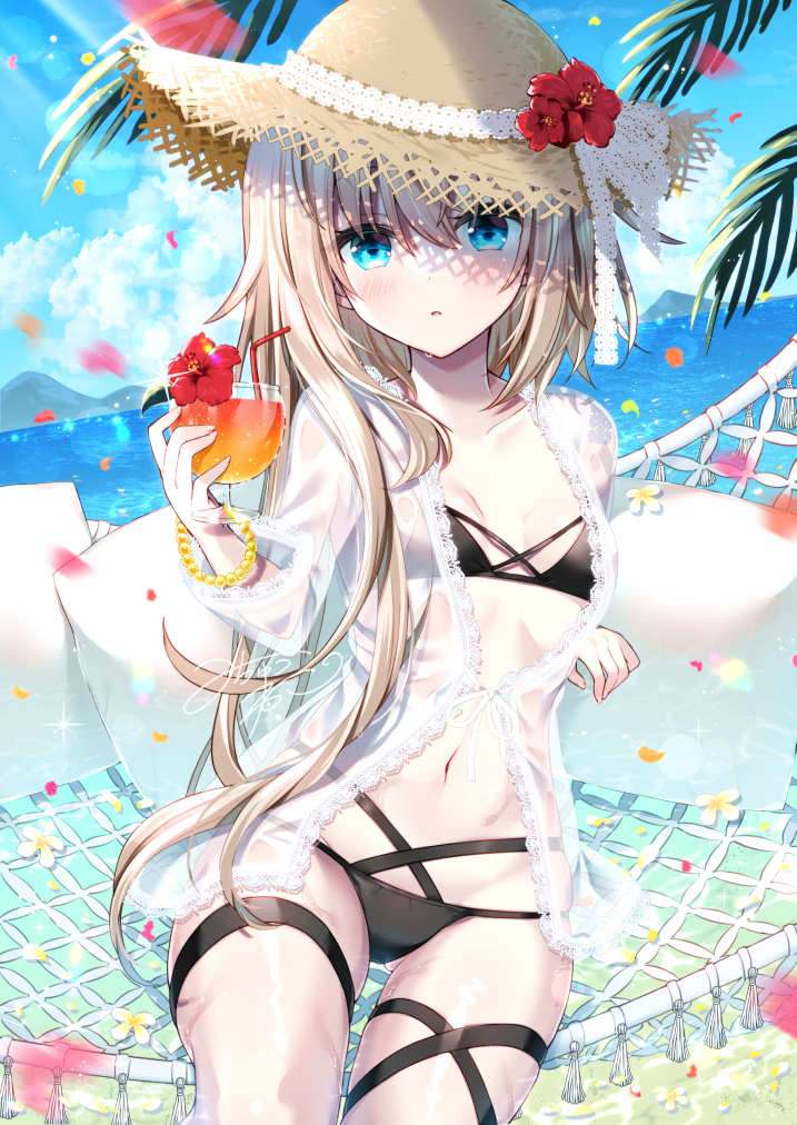 1girl :o ass_visible_through_thighs bangs bendy_straw bikini black_bikini blonde_hair blue_eyes blush breasts brown_headwear collarbone commentary_request cup drink drinking_glass drinking_straw eyebrows_visible_through_hair flower hair_between_eyes hammock hand_up hat hat_flower holding jacket long_sleeves multi-strapped_bikini navel open_clothes open_jacket original parted_lips petals pillow red_flower see-through small_breasts solo straw_hat swimsuit tia-chan uchuuneko water