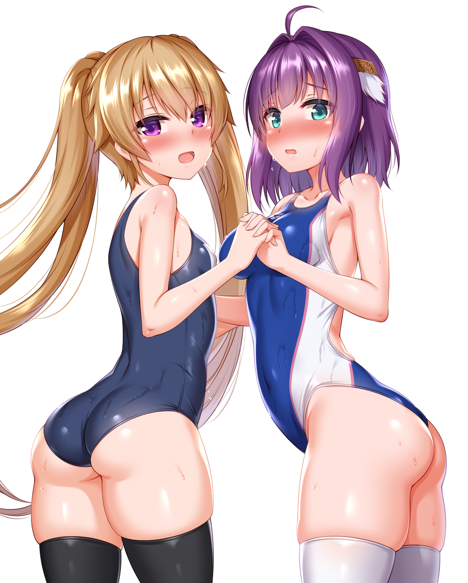 2girls ahoge ao_no_kanata_no_four_rhythm arisaka_mashiro ass black_legwear blonde_hair blue_swimsuit breasts competition_swimsuit green_eyes hair_ornament highres holding_hands ichinose_rika interlocked_fingers long_hair looking_at_viewer medium_breasts multiple_girls one-piece_swimsuit open_mouth purple_hair school_swimsuit simple_background small_breasts smile swimsuit thigh-highs twintails two-tone_swimsuit violet_eyes wet white_background white_legwear white_swimsuit zirba