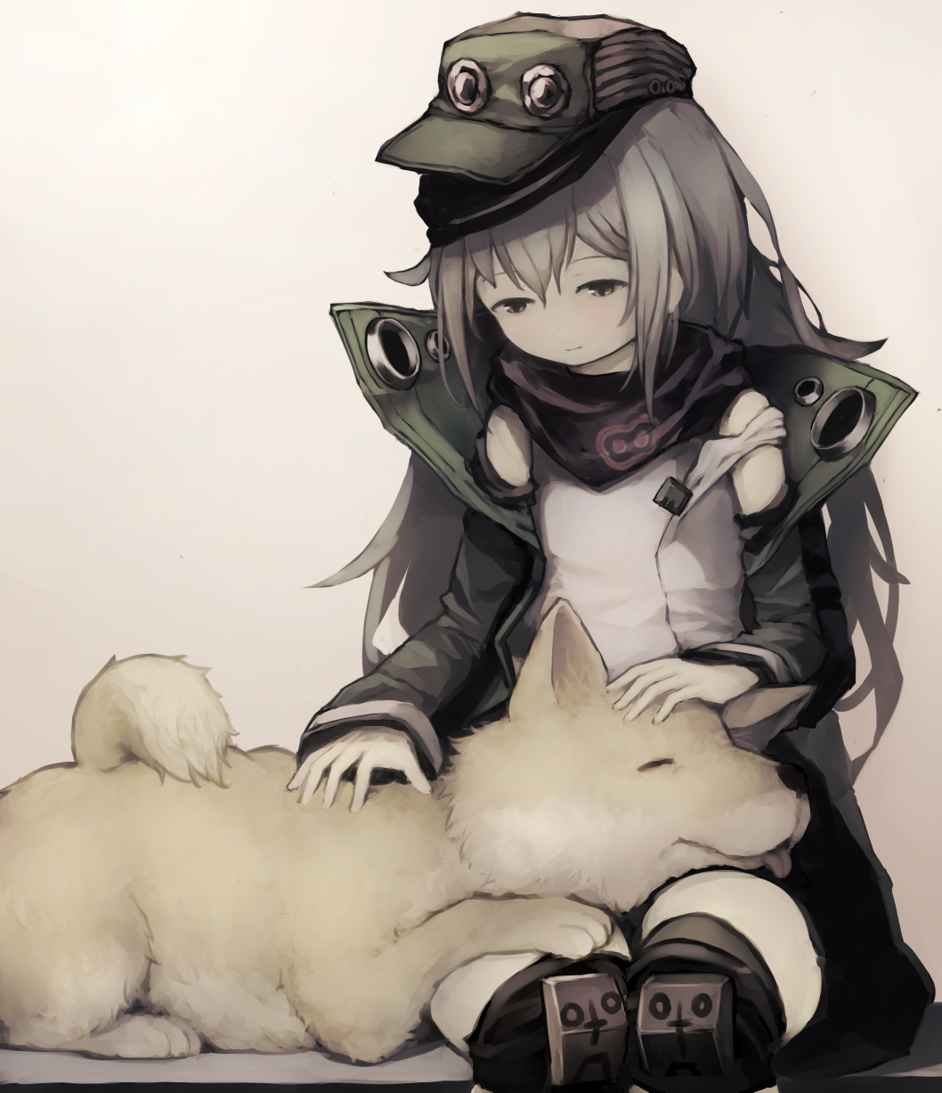 1girl 1other bandana closed_eyes commentary_request dog fluffy g11_(girls_frontline) girls_frontline grey_hair hat highres long_hair messy_hair petting resting shiba_inu smile suginakara_(user_ehfp8355) thigh-highs tongue tongue_out yellow_eyes