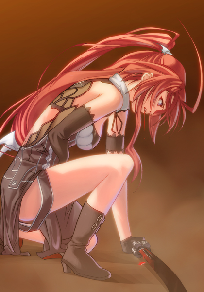 1girl arm_strap asymmetrical_sleeves bangs black_footwear black_gloves breasts brown_background clenched_teeth from_side game_cg gloves holding holding_sword holding_weapon ignis jingai_makyou long_hair medium_breasts nishii_(nitroplus) official_art one_knee ponytail red_eyes redhead solo sword teeth very_long_hair weapon