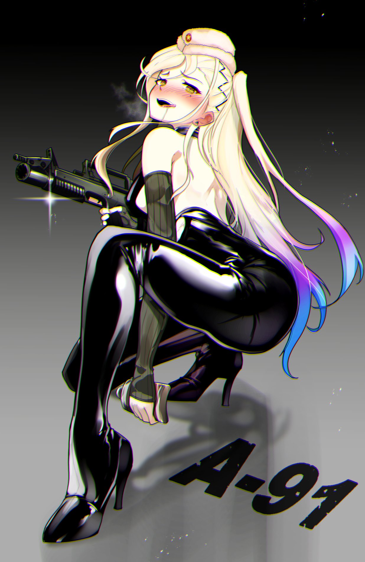 1girl a-91 a-91_(girls_frontline) ass assault_rifle bare_shoulders black_bodysuit blonde_hair blue_hair blush bodysuit breasts character_name commentary drunk earrings elbow_gloves fingerless_gloves flask full_body girls_frontline gloves grenade_launcher gun hat high_heels highres hip_flask holding holding_flask holding_gun holding_weapon jewelry kneeling large_breasts latex latex_bodysuit long_hair looking_at_viewer mole multicolored_hair open_mouth ponytail rifle ryuu_tou saliva smile solo tongue underbarrel_grenade_launcher weapon yellow_eyes
