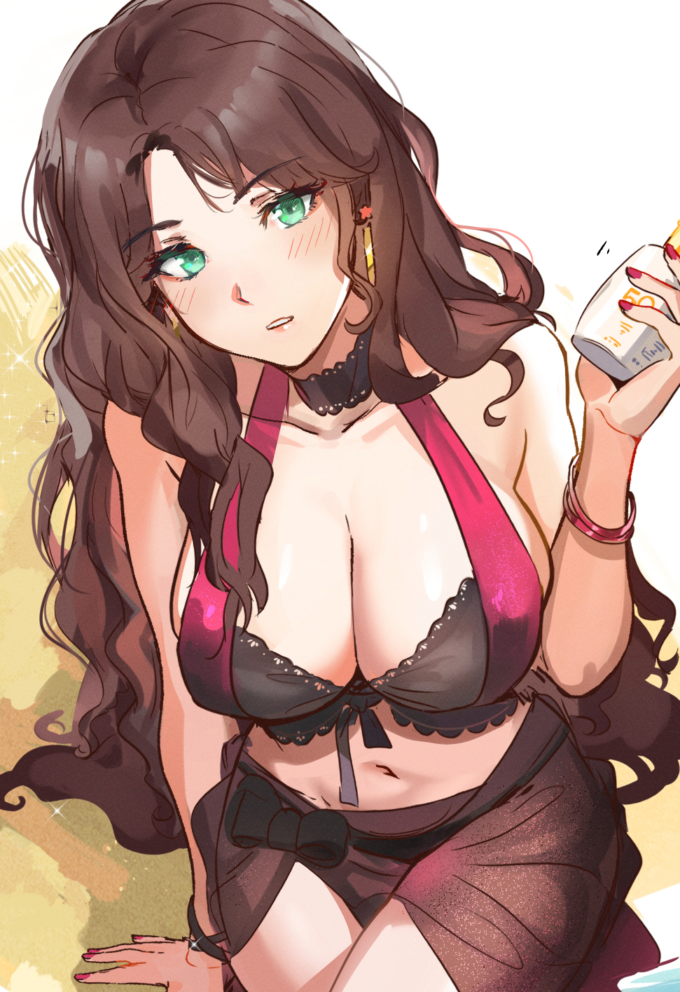 1girl bikini black_bikini_bottom blush bow bracelet breasts brown_hair cute dorothea_arnault ear_piercing fire_emblem fire_emblem:_three_houses fire_emblem:_three_houses fire_emblem_16 fire_emblem_heroes green_eyes intelligent_systems lips long_hair long_skirt looking_at_viewer navel nintendo number ormille sand sitting skirt solo sparkle summer sunscreen super_smash_bros. swimsuit two-tone_bikini water