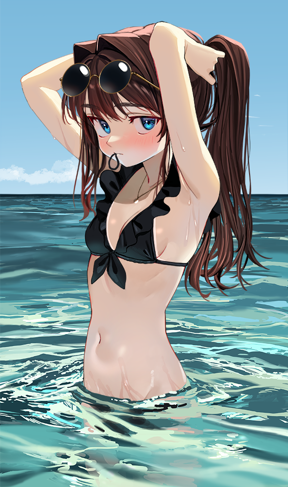 1girl armpits arms_behind_head arms_up bare_arms bare_shoulders bikini blue_eyes blush breasts brown_hair bunching_hair elisia_valfelto eyewear_on_head frilled_bikini frills front-tie_bikini front-tie_top hair_intakes hair_tie_in_mouth jewelry long_hair looking_at_viewer luicent mouth_hold navel necklace ocean original outdoors ponytail small_breasts solo stomach sunglasses swimsuit tan tanlines wading water wet