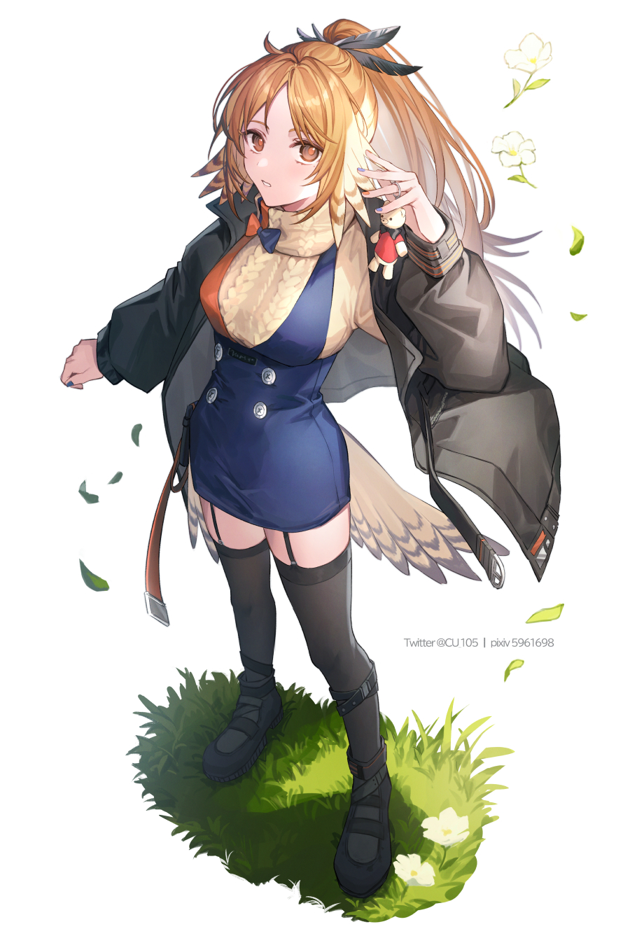 1girl aran_sweater arknights beige_sweater black_footwear black_jacket black_legwear blue_nails blue_skirt breasts buttons commentary coyucom feather_hair feather_hair_ornament feathers flower full_body garter_straps grass hair_ornament highres jacket long_hair looking_at_viewer medium_breasts multicolored multicolored_nails open_clothes open_jacket orange_eyes orange_hair orange_nails pinecone_(arknights) pixiv_id ponytail shoes simple_background skirt solo standing suspender_skirt suspenders sweater tail_feathers thigh-highs twitter_username white_background white_flower