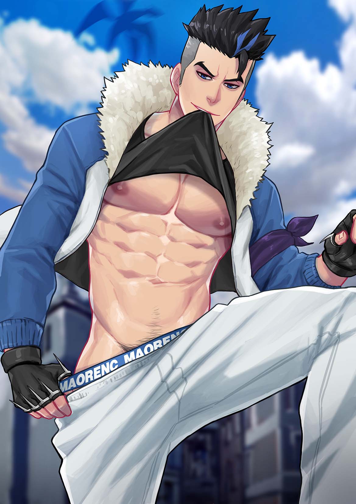 1boy black_shirt blue_eyes blue_hair blue_jacket bruno_bangnyfe burn_the_witch clothes_lift clouds day fingerless_gloves fur-trimmed_jacket fur_trim gloves highres jacket knees_up looking_at_viewer male_focus maorenc multicolored_hair nipples open_clothes open_jacket outdoors pants shirt shirt_lift short_hair sky solo toned toned_male undercut white_pants
