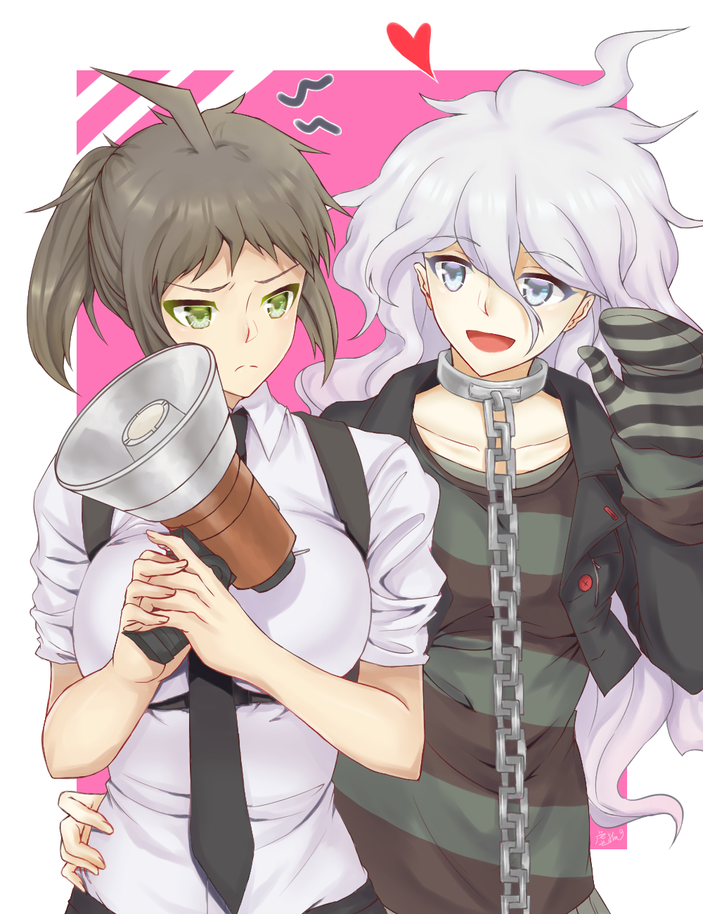 2girls :d ahoge alternate_costume bangs black_jacket black_neckwear breasts brown_eyes brown_hair chain chained closed_mouth collar collarbone collared_shirt commentary_request cropped_jacket dangan_ronpa_(series) dangan_ronpa_2:_goodbye_despair dangan_ronpa_another_episode:_ultra_despair_girls frown genderswap genderswap_(mtf) green_shirt grey_eyes grey_hair hand_on_another's_hip hands_up heart highres hinata_hajime holding holding_megaphone jacket komaeda_nagito large_breasts long_hair megaphone messy_hair metal_collar mittens multiple_girls open_mouth pink_background red_shirt shirt short_hair silver_hair smile striped striped_shirt translation_request upper_body white_background xuni_guodu_(calrxaqp)