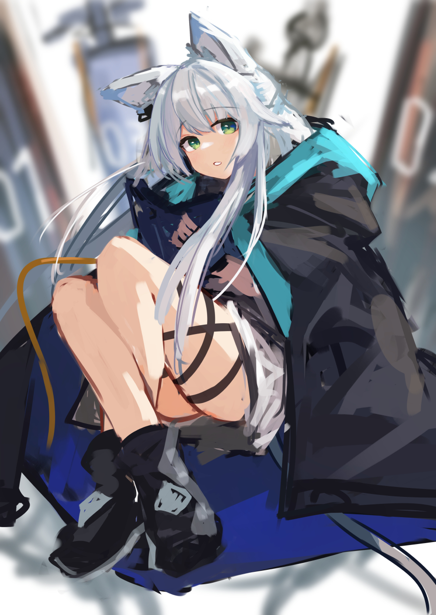 1girl animal_ears arknights bangs boots cat_ears cat_girl cat_tail cloak eyebrows_visible_through_hair green_eyes highres hood hooded_cloak izumi_roka long_hair parted_lips rosmontis_(arknights) silver_hair solo tail thigh_strap