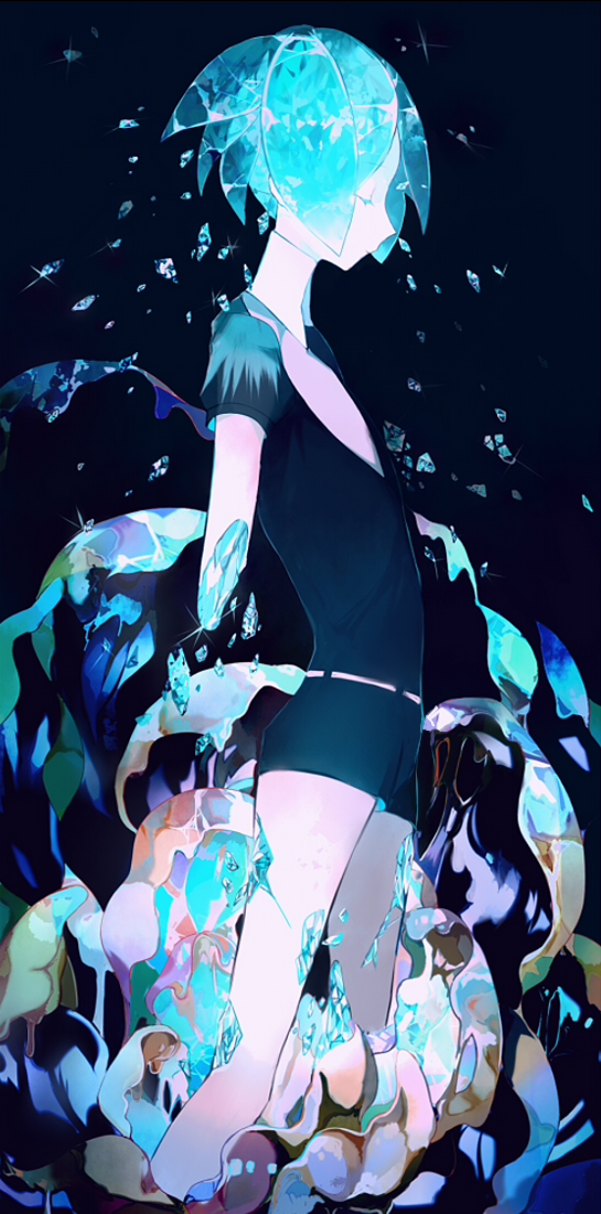 1other amputee androgynous aqua_hair bangs banterin_(4473041) belt black_background broken closed_eyes colored_eyelashes commentary_request cracked_skin crystal_hair gem_uniform_(houseki_no_kuni) houseki_no_kuni necktie phosphophyllite shards short_hair short_sleeves shorts solo sparkle