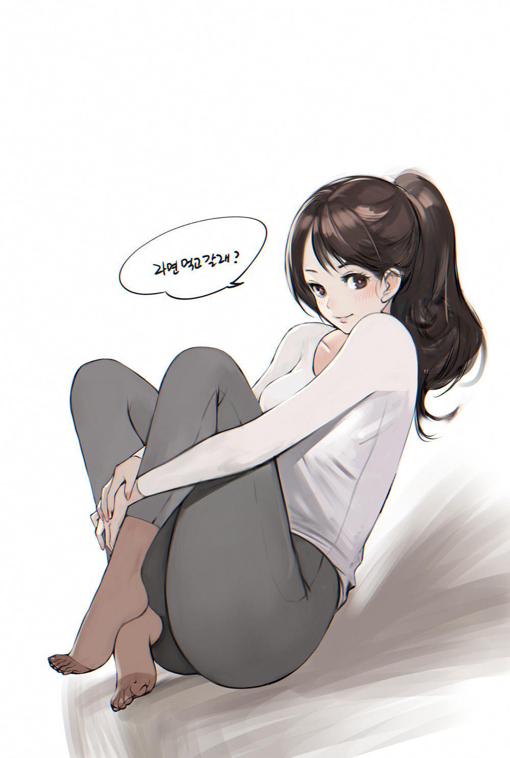 1girl bangs black_legwear blush bobobong breasts brown_eyes brown_hair collarbone commentary crossed_ankles eyelashes fingernails full_body grey_pants highres hugging_own_legs knees_up korean_text legs_folded long_hair long_sleeves looking_at_viewer medium_breasts nail_polish original pants pantyhose parted_bangs pink_nails pink_pupils ponytail shiny shiny_hair shirt simple_background sitting smile solo translation_request white_background white_shirt