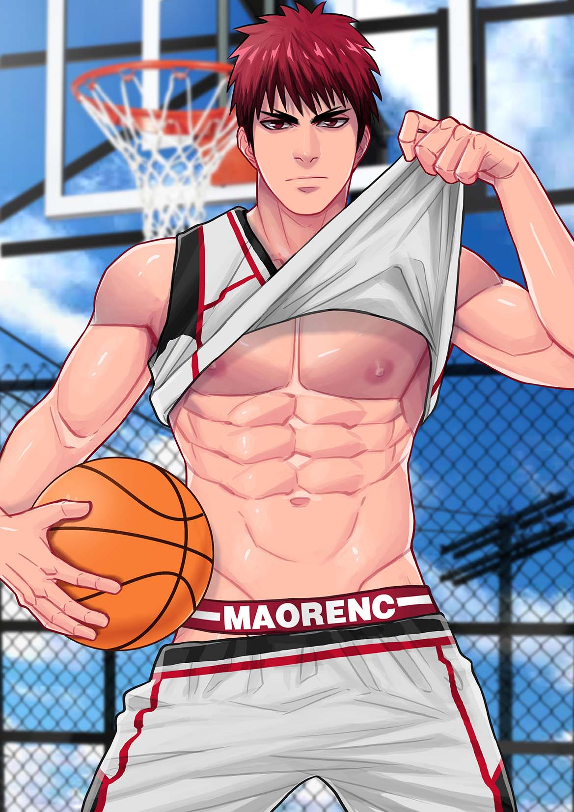 1boy abs ball basketball basketball_uniform black_eyes briefs closed_mouth clothes_lift clouds day highres holding holding_ball kagami_taiga kuroko_no_basuke looking_at_viewer male_focus male_underwear maorenc navel outdoors red_eyes redhead short_hair shorts sky solo sport sportswear toned toned_male underwear