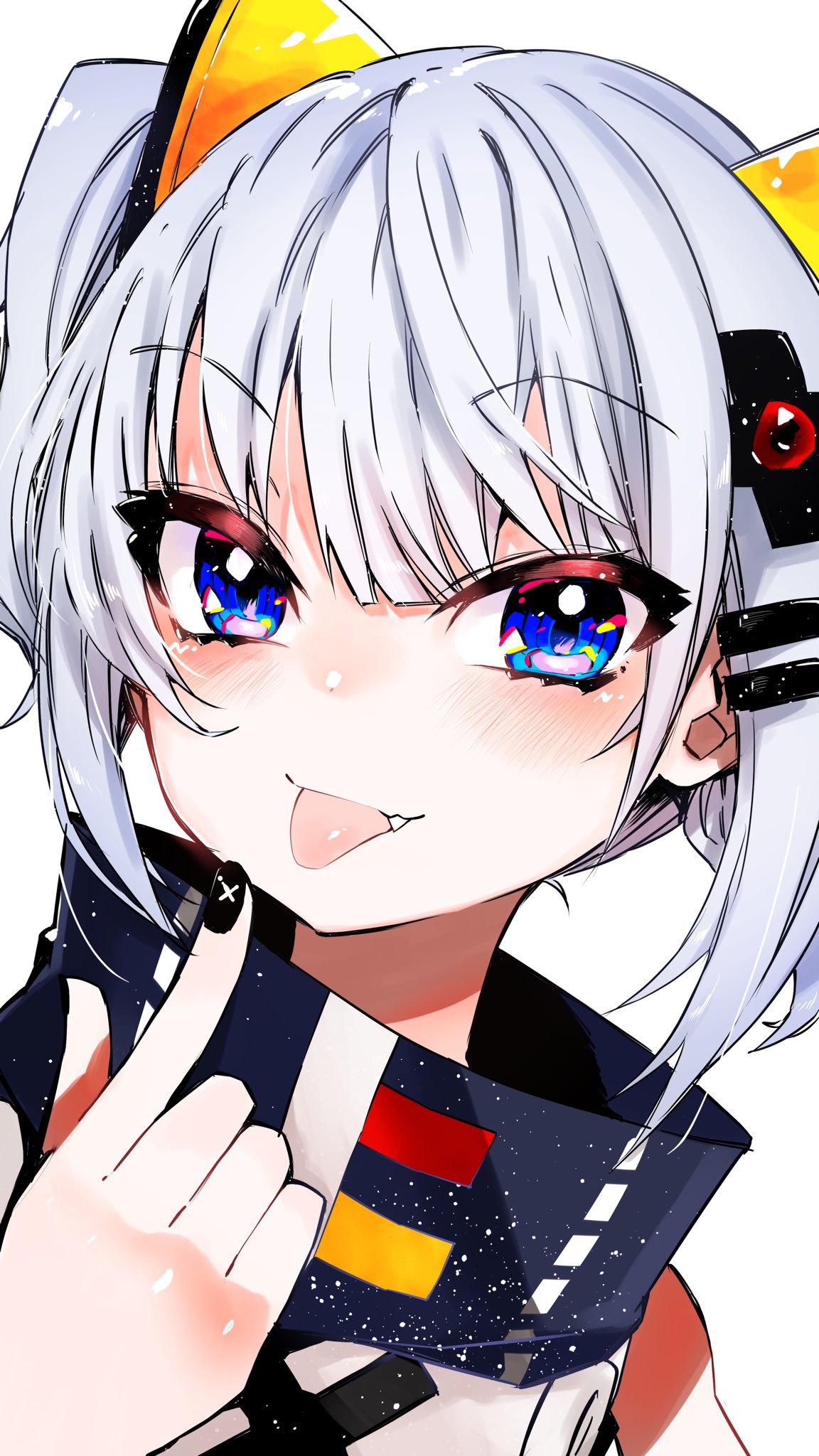 1girl bangs blue_eyes bow eyebrows_visible_through_hair fang hair_between_eyes hand_up highres kaguya_luna looking_at_viewer medium_hair nez_n pointing pointing_at_self portrait sidelocks silver_hair solo the_moon_studio tongue tongue_out white_background yellow_bow