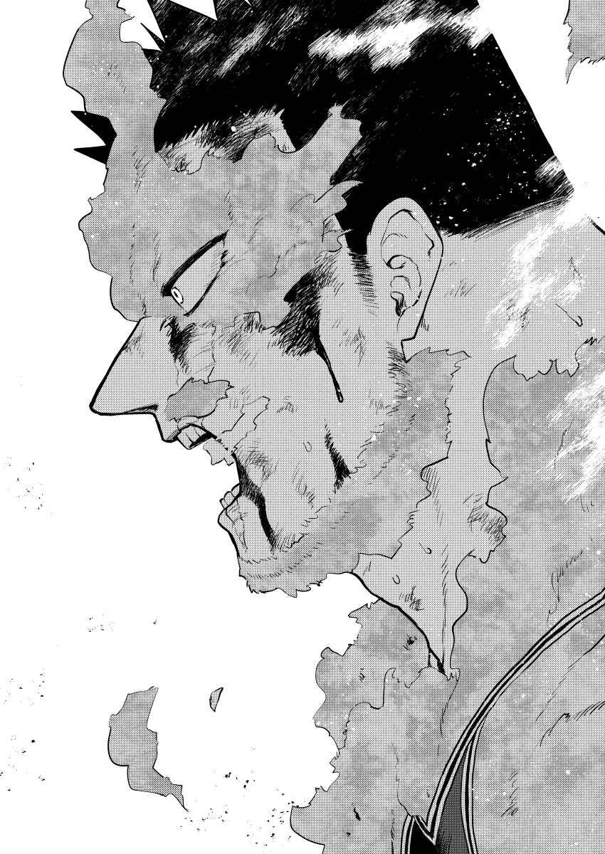 1boy blood blood_from_mouth blood_on_face boku_no_hero_academia close-up endeavor_(boku_no_hero_academia) face facial_hair fire from_side greyscale highres male_focus mature_male monochrome pain-lucky777 scar scar_across_eye short_hair sideburns solo spiky_hair steam stubble