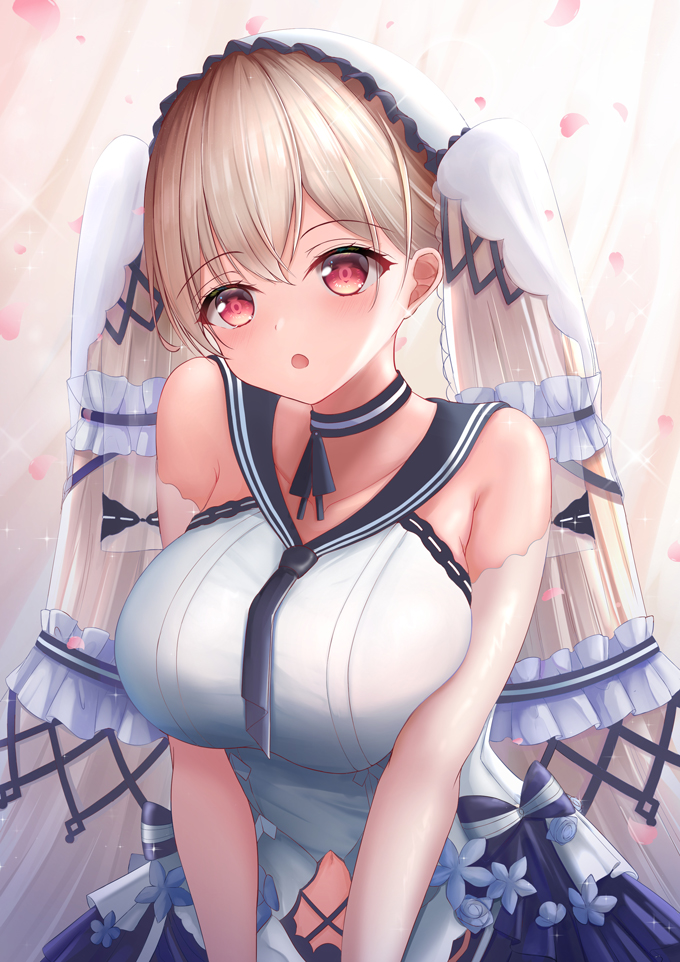 1girl :o azur_lane bangs bare_shoulders black_sailor_collar breasts brown_hair collarbone commentary_request curtains detached_sleeves dress eyebrows_visible_through_hair formidable_(azur_lane) hair_between_eyes large_breasts long_hair long_sleeves looking_at_viewer parted_lips petals red_eyes sailor_collar sailor_dress see-through sleeveless sleeveless_dress slime_(09261377) solo twintails very_long_hair white_dress white_sleeves