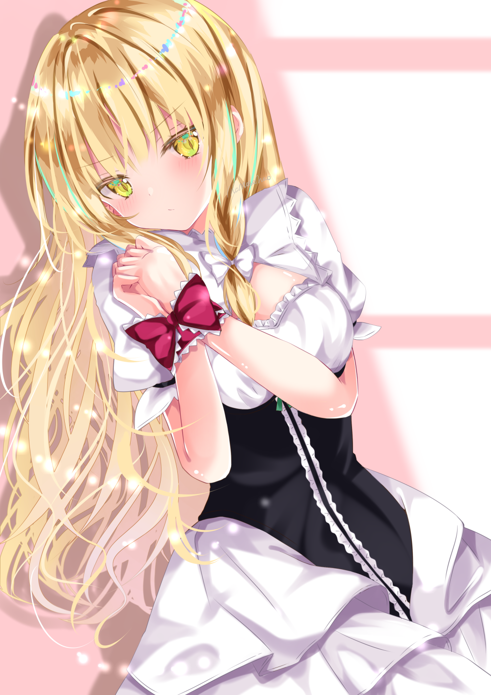 1girl bangs blonde_hair blush bound bound_wrists bow breasts closed_mouth commentary_request eyebrows_visible_through_hair hands_up highres kirisame_marisa long_hair looking_at_viewer medium_breasts nanase_nao puffy_short_sleeves puffy_sleeves purple_bow shirt short_sleeves skirt solo touhou very_long_hair white_shirt white_skirt yellow_eyes