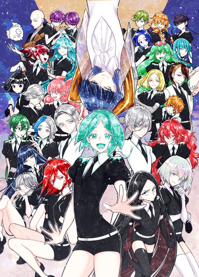 1boy 6+others ahoge alexandrite_(houseki_no_kuni) amethyst_(houseki_no_kuni) androgynous antarcticite aqua_eyes aqua_hair asymmetrical_hair bald bangs benitoite_(houseki_no_kuni) black_eyes black_hair blonde_hair blue_eyes blue_hair blunt_bangs bort braid colored_eyelashes crystal_hair diamond_(houseki_no_kuni) dual_persona elbow_gloves euclase_(houseki_no_kuni) everyone eyes_visible_through_hair gem_uniform_(houseki_no_kuni) ghost_quartz_(houseki_no_kuni) gloves golden_arms goshenite_(houseki_no_kuni) green_eyes green_hair grey_eyes grey_hair hair_between_eyes hair_over_one_eye hemimorphite_(houseki_no_kuni) heterochromia houseki_no_kuni interlocked_fingers jade_(houseki_no_kuni) japanese_clothes kesa kongou_sensei labcoat lapis_lazuli_(houseki_no_kuni) long_bangs long_hair looking_at_viewer moon morganite_(houseki_no_kuni) morino_bambi multicolored_hair multiple_others necktie neptunite_(houseki_no_kuni) obsidian_(houseki_no_kuni) open_mouth orange_eyes orange_hair outstretched_hand padparadscha_(houseki_no_kuni) peridot_(houseki_no_kuni) phosphophyllite phosphophyllite_(ll) pink_eyes pink_hair purple_hair rainbow_hair red_beryl_(houseki_no_kuni) red_eyes redhead revision rutile_(houseki_no_kuni) see-through shinsha_(houseki_no_kuni) shiro_(houseki_no_kuni) short_hair short_hair_with_long_locks silver_hair smile sparkle sphene_(houseki_no_kuni) spoilers thick_eyebrows thigh-highs twintails upside-down violet_eyes watermelon_tourmaline_(houseki_no_kuni) wavy_hair white_eyes yellow_diamond_(houseki_no_kuni) yellow_eyes zircon_(houseki_no_kuni)