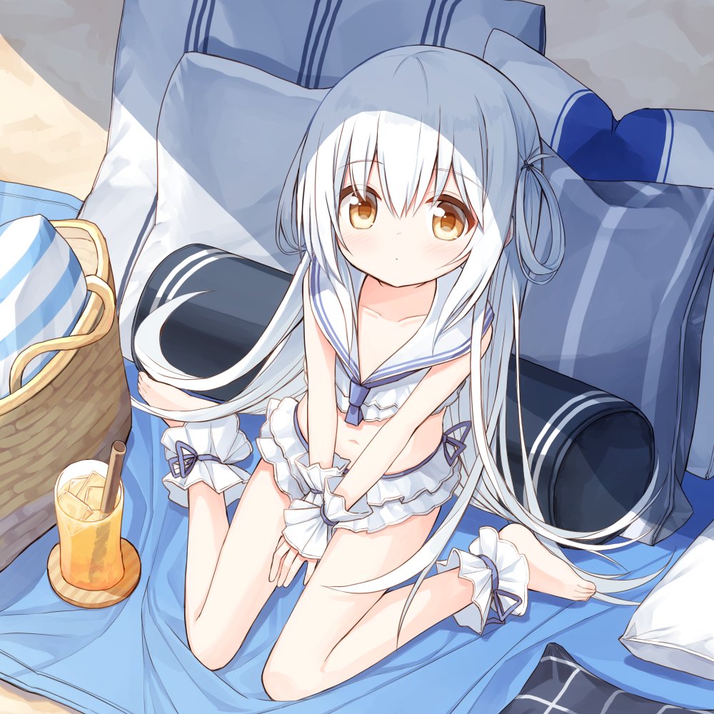 1girl ankle_cuffs bangs barefoot beach between_legs bikini blue_neckwear blush brown_eyes bunny_girl_(yuuhagi_(amaretto-no-natsu)) closed_mouth commentary_request cup cushion day drinking_glass drinking_straw eyebrows_visible_through_hair frilled_bikini frills from_above hair_between_eyes hair_rings hand_between_legs ice ice_cube long_hair looking_at_viewer looking_up navel original outdoors pillow sailor_bikini sailor_collar sand sitting solo striped_pillow swimsuit very_long_hair wariza white_bikini white_hair white_sailor_collar wrist_cuffs yuuhagi_(amaretto-no-natsu)