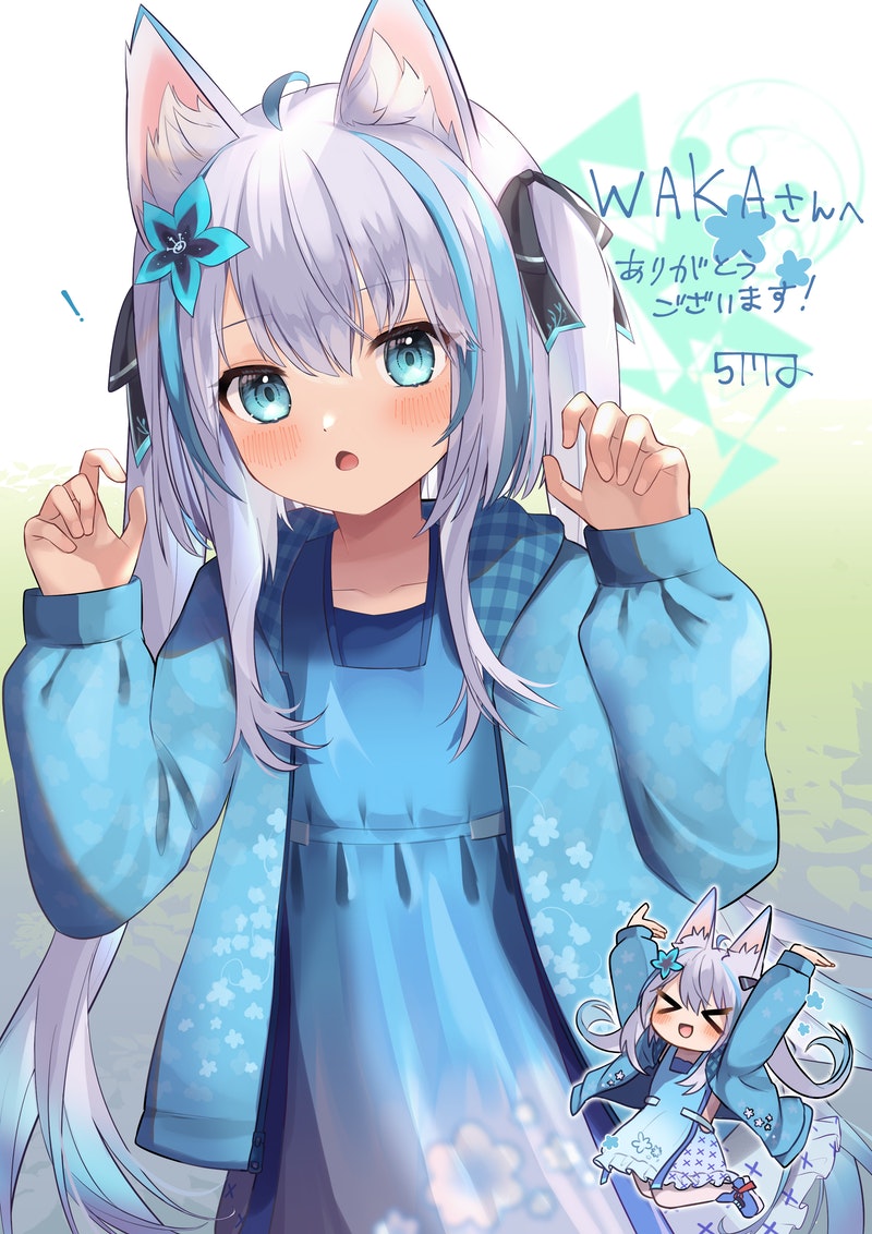 &gt;_&lt; :d :o animal_ear_fluff animal_ears aqua_eyes chibi claw_pose commission expressionless flower goma_(u_p) gradient_hair hair_flower hair_ornament hair_ribbon hood hoodie light_blue_hair long_hair long_sleeves looking_at_viewer multicolored_hair open_clothes open_hoodie open_mouth original ribbon silver_hair skeb_commission skirt smile streaked_hair tabard twintails very_long_hair
