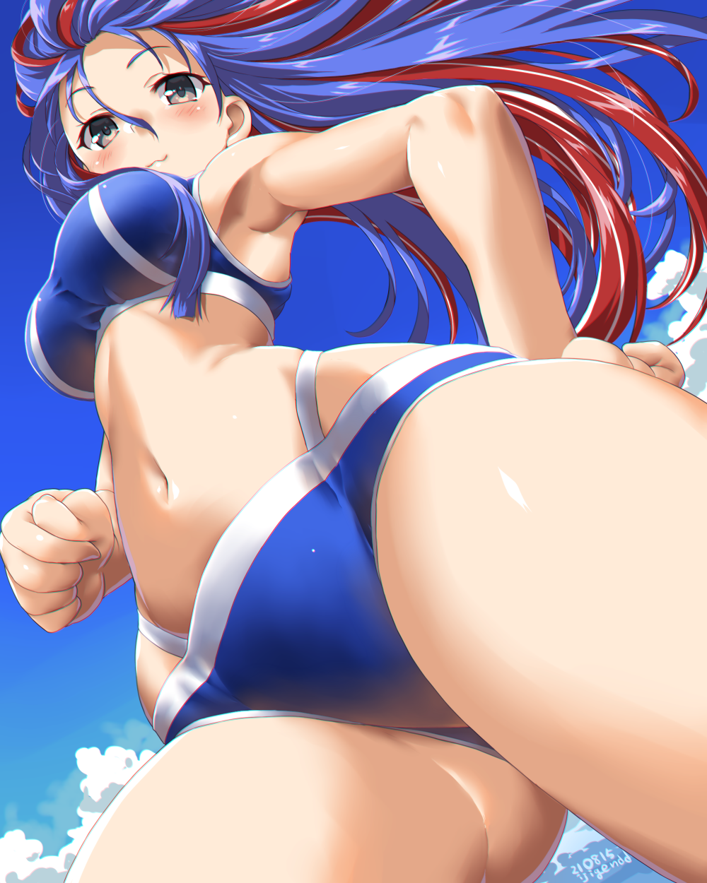 1girl armpits artist_name bikini blue_bikini blue_hair blue_sky blush breasts brown_eyes closed_mouth dated day dd_(ijigendd) from_below highres kantai_collection medium_breasts multicolored_hair navel official_alternate_costume redhead sky smile solo south_dakota_(kancolle) swimsuit toned