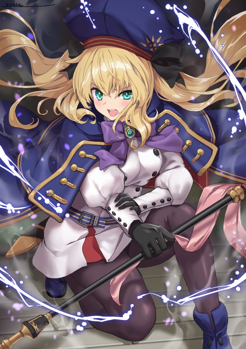 1girl artoria_pendragon_(caster)_(fate) artoria_pendragon_(fate) bangs belt beret black_gloves black_legwear blonde_hair blue_cape blue_headwear blush breasts buttons cape double-breasted dress fate/grand_order fate_(series) gloves green_eyes hat highres holding holding_staff hood hooded_cape long_hair long_sleeves looking_at_viewer multicolored multicolored_cape multicolored_clothes pantyhose red_cape small_breasts staff thighs twintails tyone white_dress