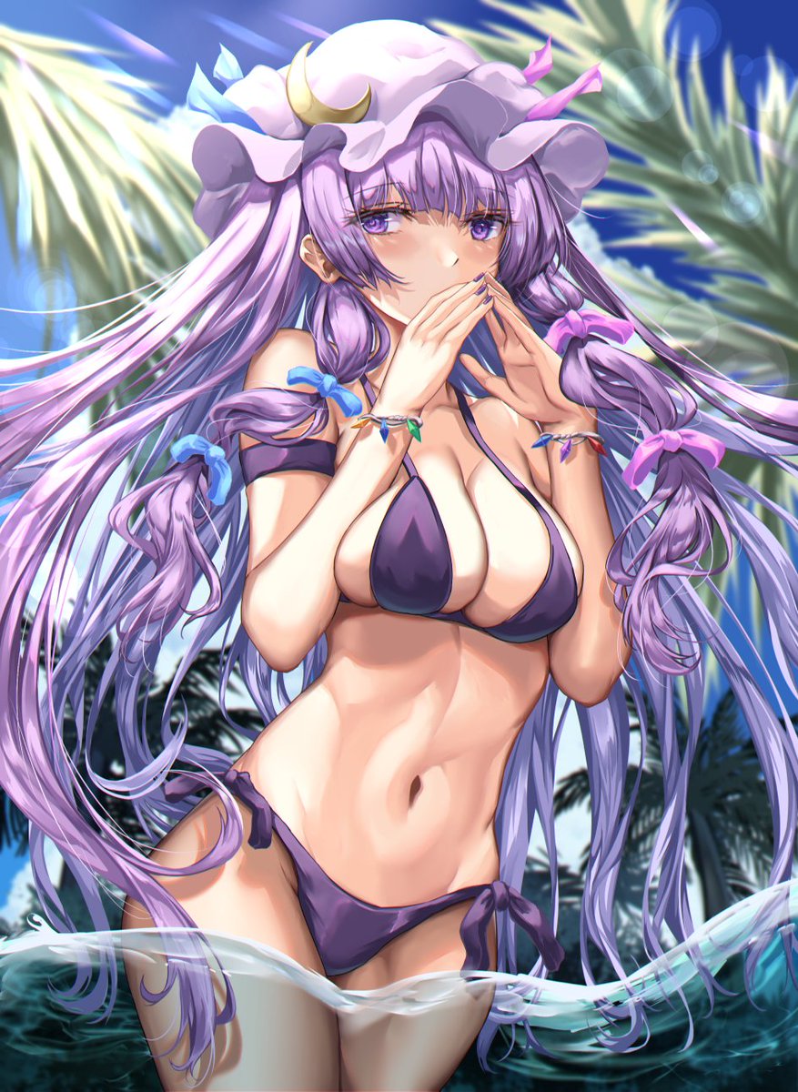 1girl alternate_costume armband beach bikini blue_bow blue_sky bow bra breasts crescent crescent_hat_ornament hands_together hat hat_ornament highres in_water kaeranu_kaeru long_hair medium_breasts midriff mob_cap multi-tied_hair navel outdoors palm_leaf palm_tree patchouli_knowledge purple_bikini purple_bra purple_hair red_bow sidelocks sky swimsuit touhou tree underwear very_long_hair violet_eyes wristband