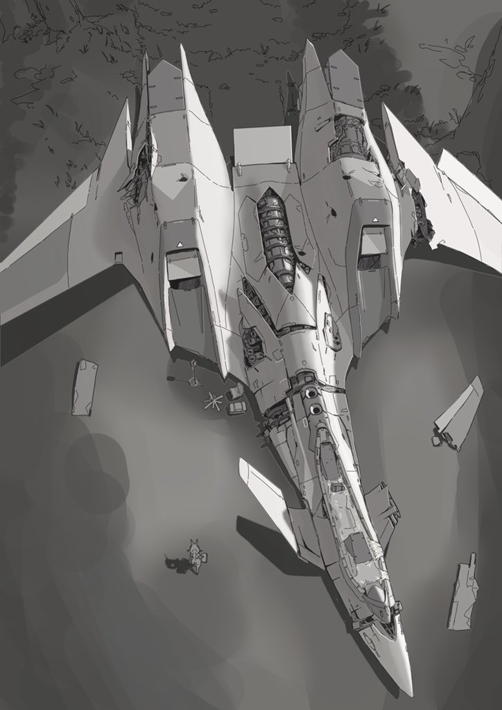 1girl aircraft airplane animal_ears damaged fighter_jet from_above greyscale hitomoji_momotarou jet military military_vehicle monochrome original shadow vehicle_focus walking