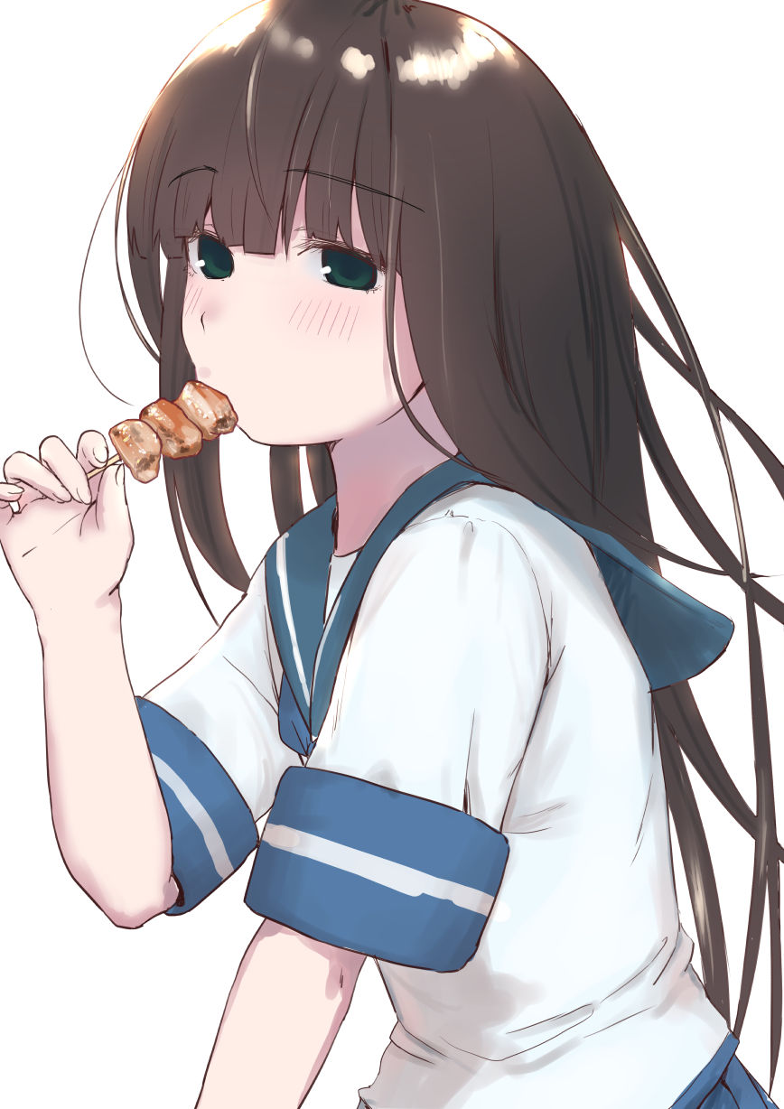 bangs black_hair blue_sailor_collar blunt_bangs brown_eyes eating food hatsuyuki_(kancolle) highres hime_cut kantai_collection kebab long_hair sailor_collar sakieko school_uniform serafuku simple_background white_background