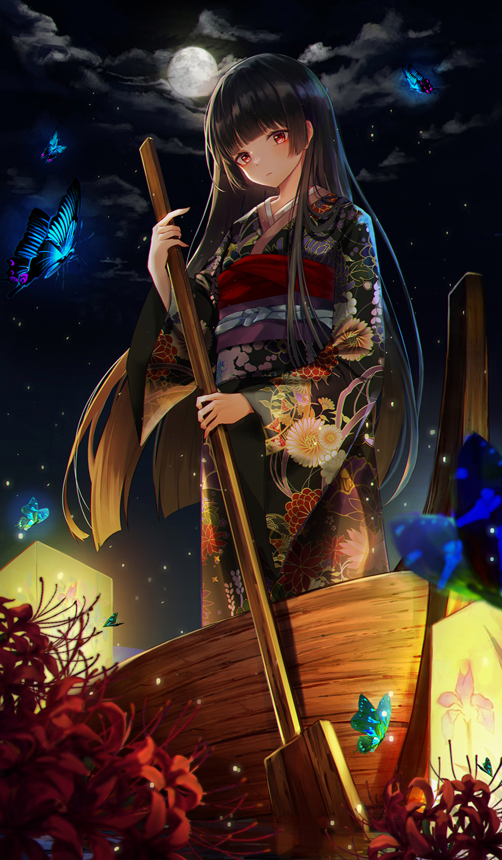 1girl bangs black_hair black_kimono blunt_bangs blush boat bug butterfly closed_mouth commentary_request floral_print flower full_moon glowing_butterfly highres insect japanese_clothes jigoku_shoujo kimono lantern light_particles long_hair long_sleeves looking_at_viewer m1yu moon noght obi outdoors paddle print_kimono red_eyes red_flower sash solo spider_lily standing straight_hair very_long_hair watercraft wide_sleeves yukata
