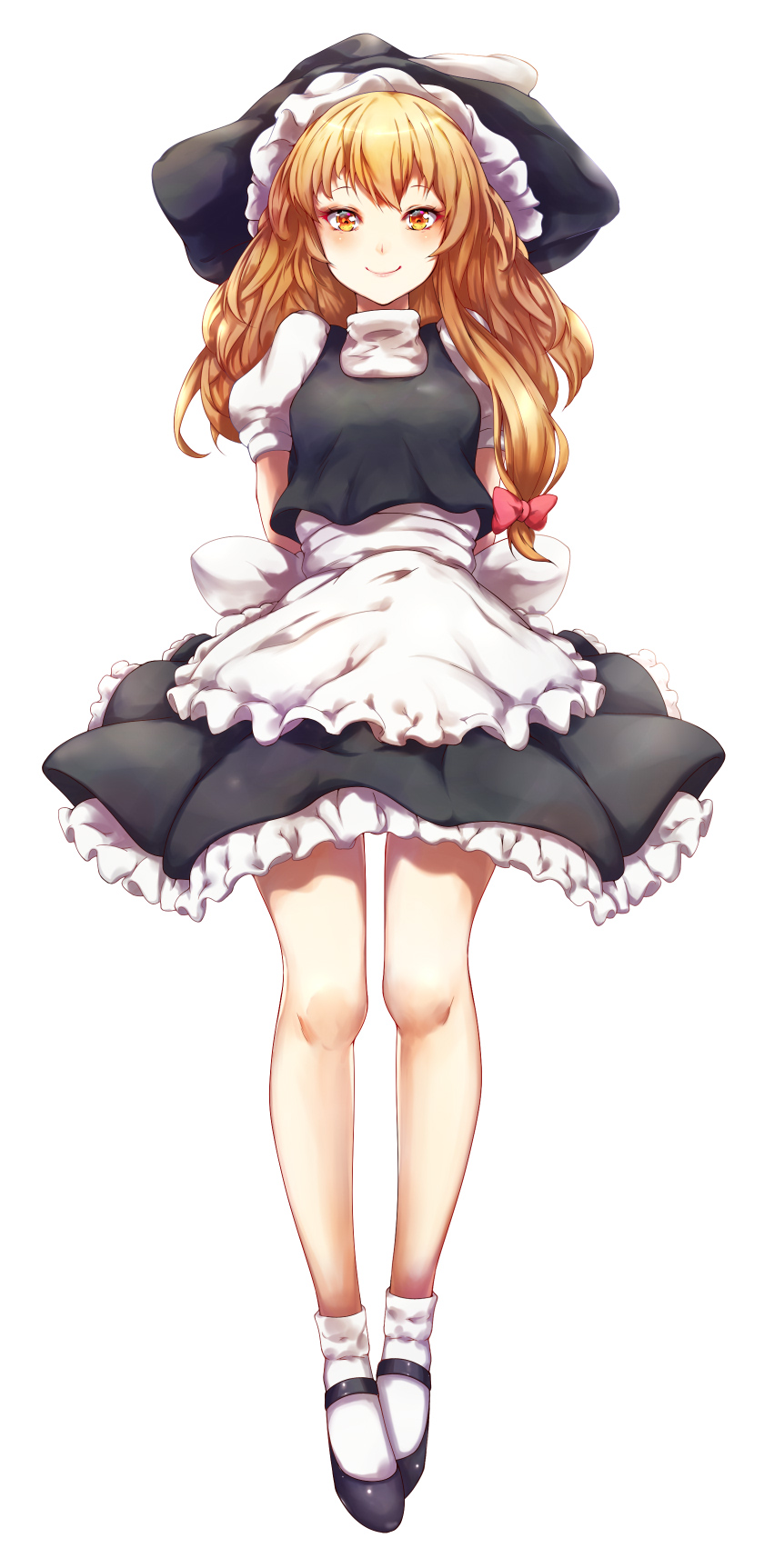 1girl apron bangs black_footwear black_headwear black_skirt black_vest blonde_hair blush bow closed_mouth commentary_request frilled_apron frilled_skirt frills from_below full_body hair_bow hat highres kirisame_marisa lips long_hair looking_at_viewer looking_down mary_janes mayonaka_taruho medium_skirt orange_eyes photoshop_(medium) pink_bow puffy_short_sleeves puffy_sleeves shiny shiny_hair shirt shoes short_sleeves simple_background single_sidelock skirt smile socks solo touhou vest waist_apron white_apron white_background white_legwear white_shirt witch_hat