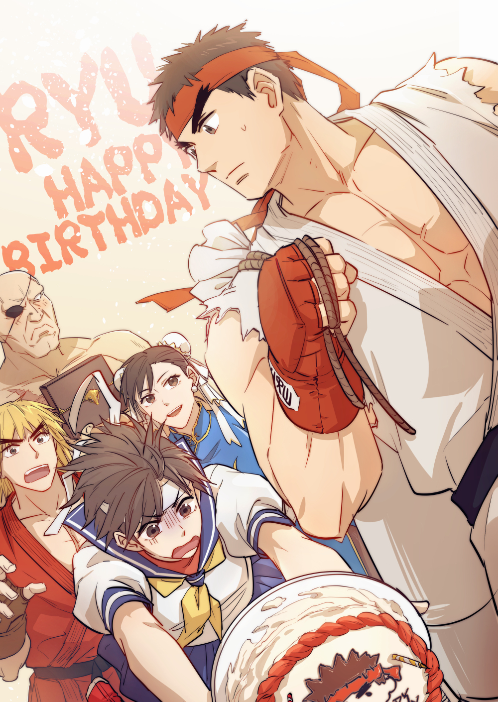 2girls 3boys bald bare_shoulders boxing_gloves brown_hair cake character_request dougi eyepatch falling fingerless_gloves food gloves hair_bun happy_birthday headband highres holding holding_cake holding_food ken_masters large_pectorals male_cleavage multiple_boys multiple_girls muscular muscular_male pectorals rope ryu_(street_fighter) school_uniform serafuku shirt short_hair sideburns sleeveless street_fighter sweatdrop torn_clothes torn_shirt upper_body yuiofire