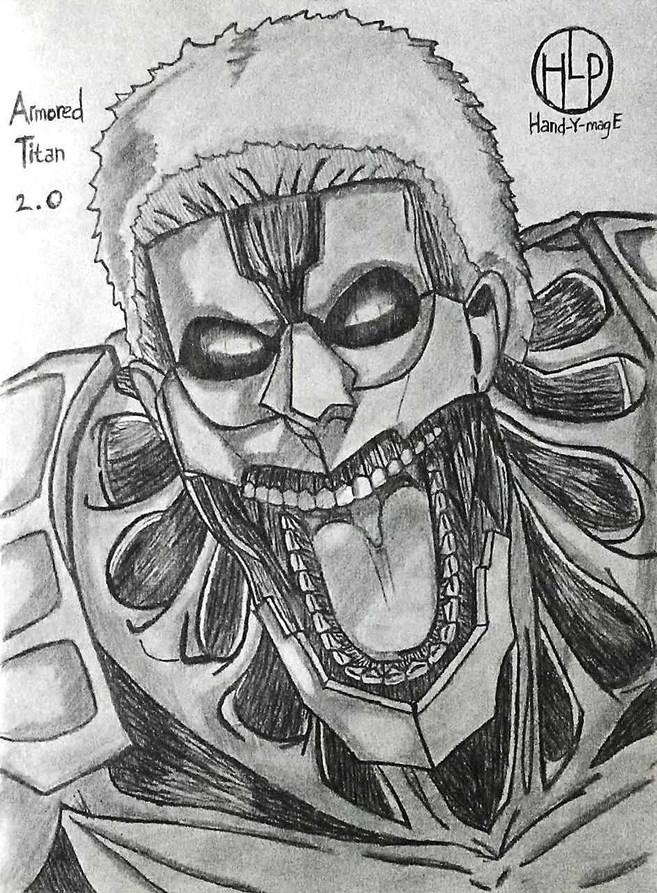 armored_titan artist_name drawfag glowing glowing_eye highres looking_at_viewer monochrome monster open_mouth reiner_braun shingeki_no_kyojin short_hair signature sketch titan_(shingeki_no_kyojin) tongue