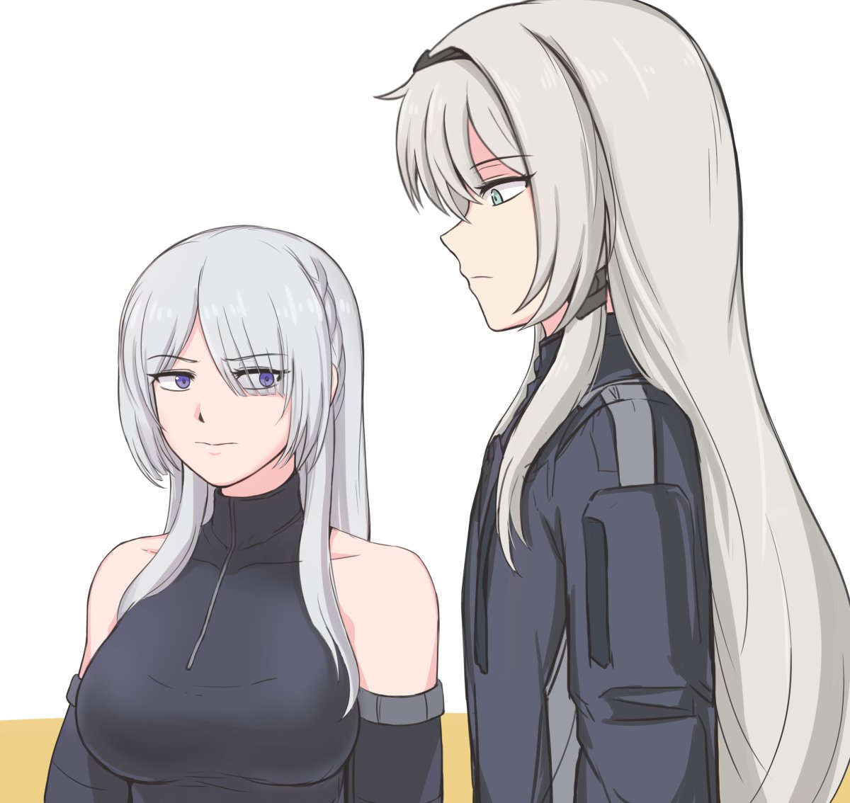 2girls ak-15_(girls_frontline) an-94_(girls_frontline) bare_shoulders black_jacket blue_eyes breasts collarbone commentary eyebrows_visible_through_hair eyes_visible_through_hair flat_chest girls_frontline grey_hair hair_over_one_eye hairband jacket large_breasts long_hair looking_at_another meme multiple_girls pectoral_envy_(meme) selby sidelocks sleeveless upper_body violet_eyes white_background