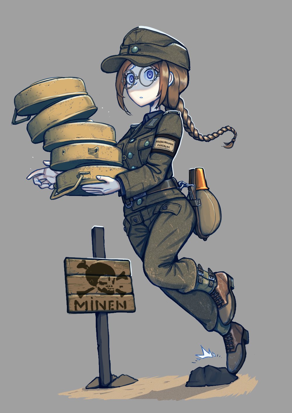 1girl bomb braid canteen erica_(naze1940) explosive germany glasses hat highres long_hair military military_uniform mine_(weapon) original single_braid soldier solo tripping uniform weapon world_war_ii