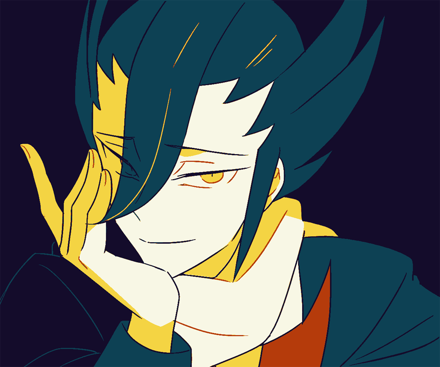 1boy alternate_eye_color bangs closed_mouth commentary elite_four eyes_visible_through_hair grimsley_(pokemon) hand_up jacket long_sleeves looking_at_viewer male_focus pokemon pokemon_(game) pokemon_bw scarf smile solo ssalbulre upper_body yellow_eyes yellow_scarf
