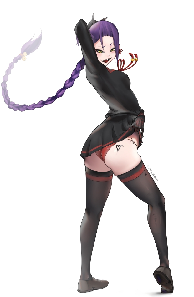 1girl arms_up ass black_footwear black_gloves black_shirt black_skirt braid braided_ponytail chikujouin_magane commission english_commentary fangs full_body gloves lifted_by_self long_hair looking_at_viewer looking_back panties purple_hair re:creators red_panties school_uniform shirt skirt solo staiksdono standing thigh-highs twisted_torso underwear very_long_hair yellow_eyes
