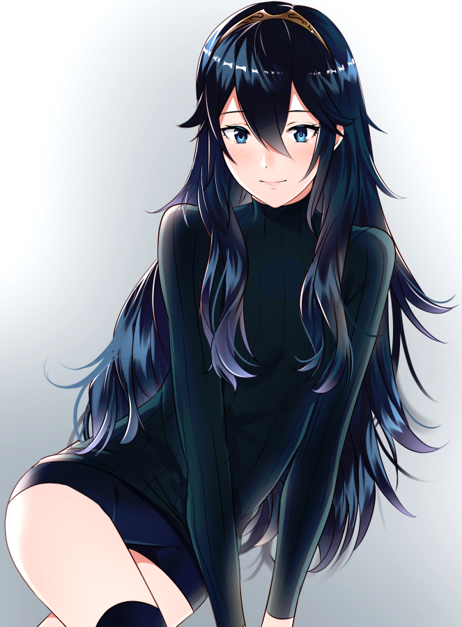 1girl ameno_(a_meno0) bangs blue_eyes blue_hair blue_shorts blue_sweater blush casual closed_mouth crossed_legs fire_emblem fire_emblem_awakening hair_between_eyes lips long_hair long_sleeves looking_at_viewer lucina_(fire_emblem) pink_lips ribbed_sweater shiny shiny_hair short_shorts shorts simple_background sitting smile solo sweater symbol-shaped_pupils thigh-highs thighs tiara turtleneck turtleneck_sweater