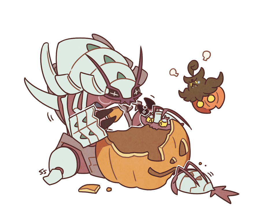 :&lt; closed_mouth commentary eating fangs fangs_out gen_6_pokemon gen_7_pokemon golisopod pokemon pokemon_(creature) pumpkaboo pumpkin signature simple_background sitting ssalbulre white_background wimpod yellow_eyes