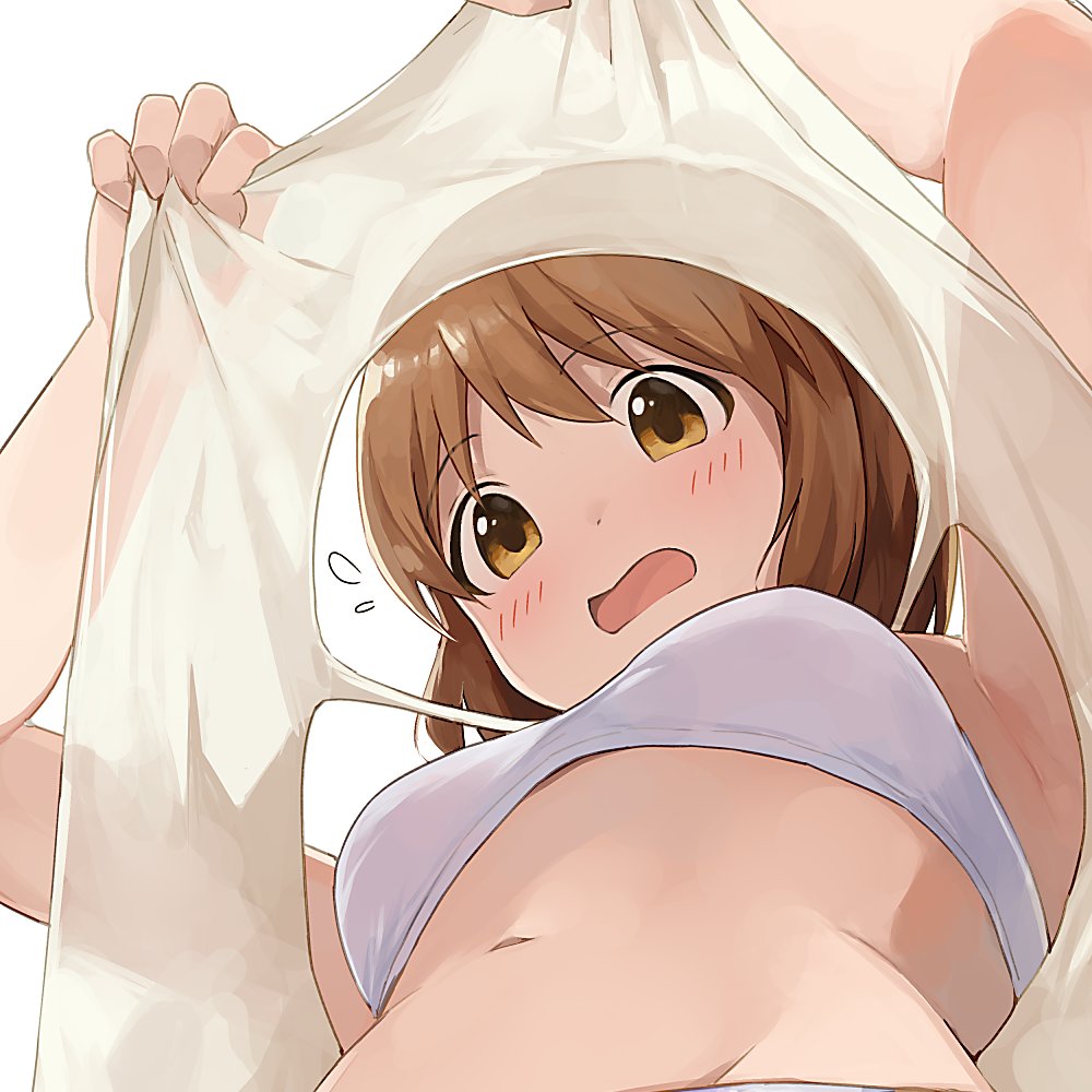 1girl arms_up bangs blush bra breasts brown_eyes brown_hair clothes_lift commentary eyebrows_visible_through_hair flying_sweatdrops from_below frown hagiwara_yukiho hiroki_(yyqw7151) idolmaster idolmaster_(classic) lifted_by_self looking_at_viewer navel open_mouth shirt_lift short_hair simple_background small_breasts solo underwear white_background white_bra