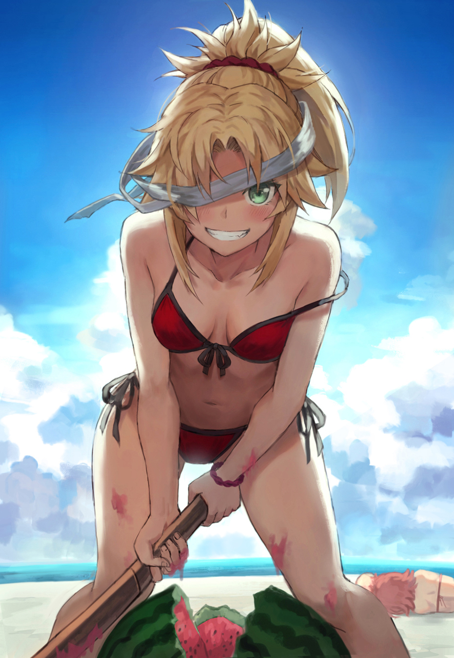 1girl bangs bare_shoulders bikini blindfold blindfold_slip blonde_hair blue_sky blush braid breasts collarbone fate/grand_order fate_(series) food french_braid fruit green_eyes grin hair_ornament hair_scrunchie highres long_hair looking_at_viewer mordred_(fate) mordred_(swimsuit_rider)_(fate) parted_bangs ponytail red_bikini scrunchie sidelocks sky small_breasts smile solo swimsuit tonee watermelon
