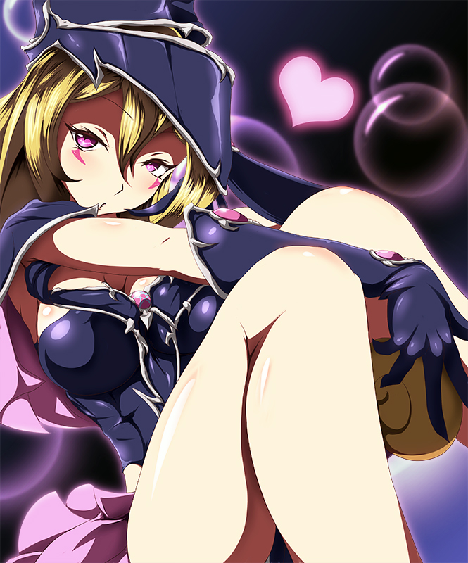 arm_between_legs black_dress black_gloves black_headwear blush_stickers breasts commentary danpu dress duel_monster gloves hat heart large_breasts magi_magi_magician_gal no_panties pink_skirt purple_background skirt staff thighs violet_eyes wizard_hat yellow_eyes yu-gi-oh!