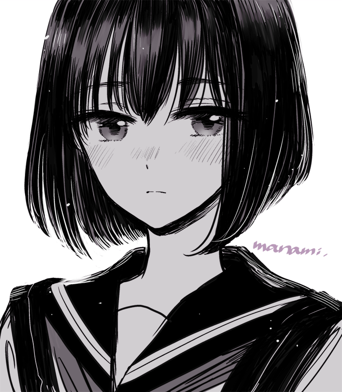 1girl bangs blush closed_mouth commentary eyebrows_visible_through_hair greyscale looking_at_viewer monochrome original portrait sailor_collar school_uniform serafuku short_hair signature simple_background sketch solo sugano_manami white_background