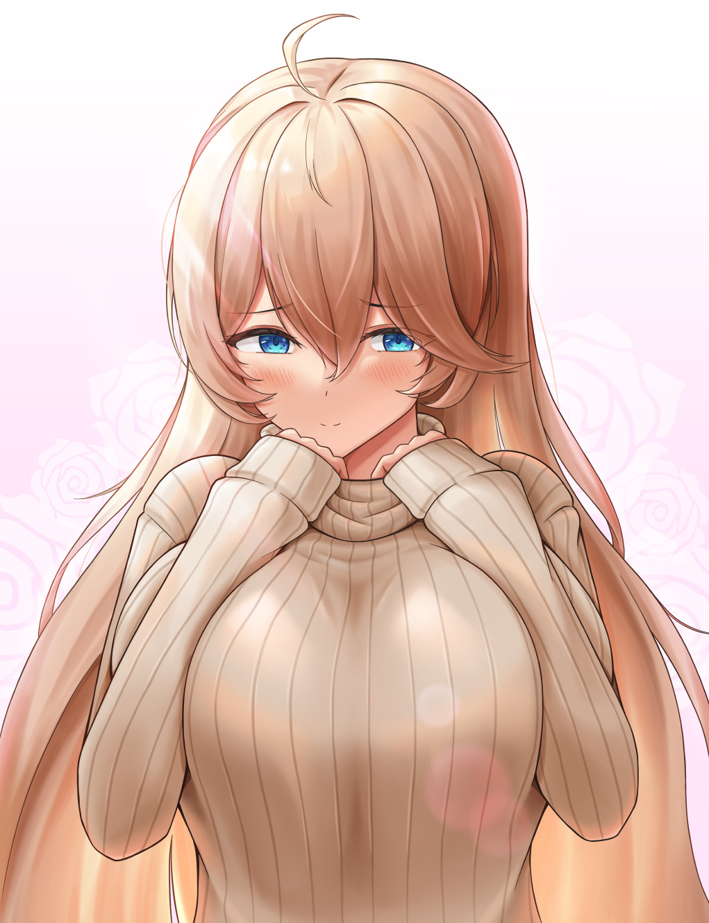 1girl ahoge beige_sweater blonde_hair blue_eyes blush breasts closed_mouth eyebrows_visible_through_hair floral_background gradient gradient_background hair_between_eyes harpyia_(last_origin) highres large_breasts last_origin lazb. long_hair looking_at_viewer pink_background ribbed_sweater sleeves_past_wrists smile solo sweater turtleneck turtleneck_sweater upper_body