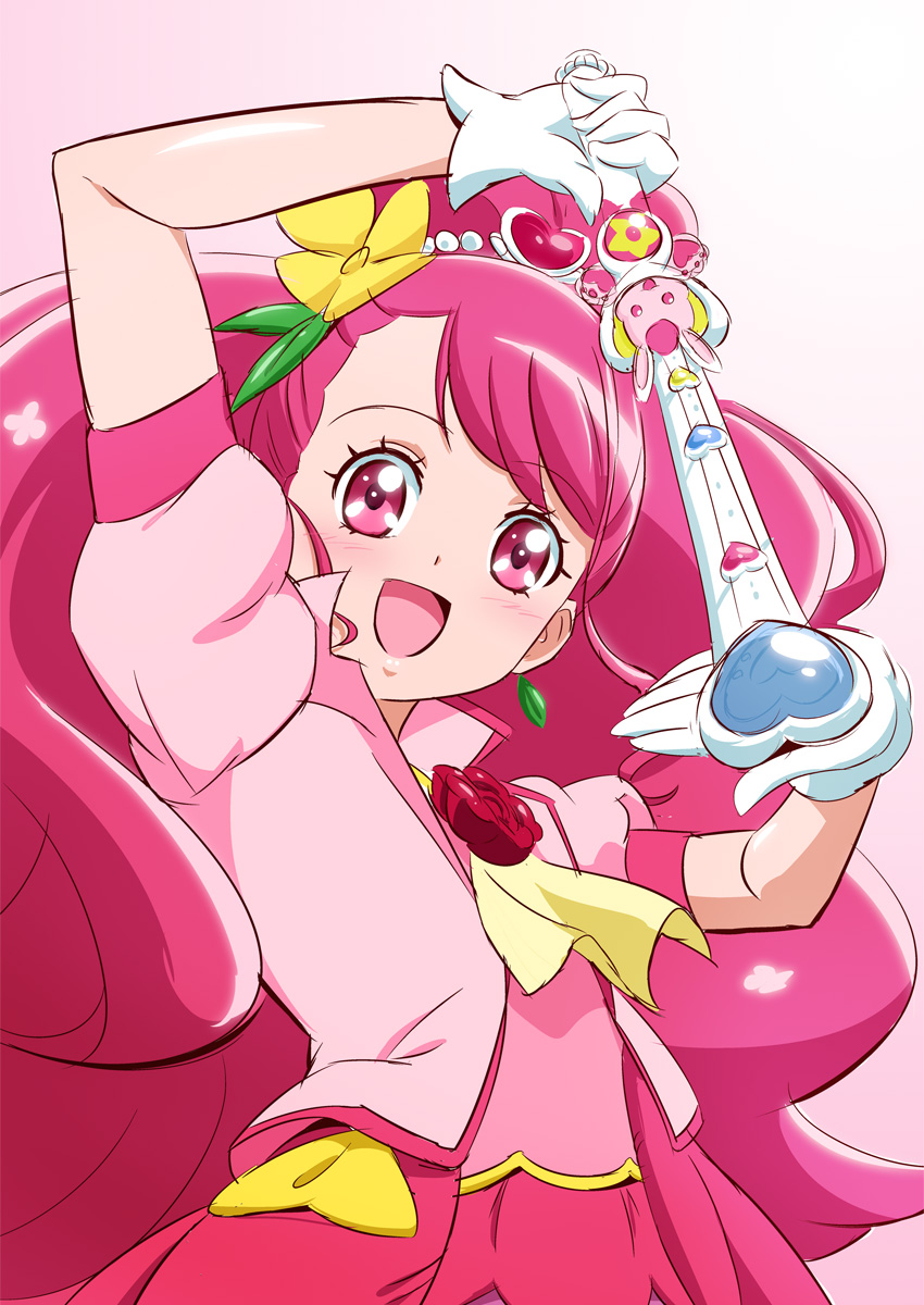 1girl :d arm_up bangs blush cure_grace eyebrows_visible_through_hair flower fuchi_(nightmare) gloves gradient gradient_background hair_flower hair_ornament healin'_good_precure heart heart_hair_ornament highres holding jacket long_hair looking_at_viewer open_clothes open_jacket open_mouth pink_background pink_hair pink_jacket pink_shirt precure red_eyes red_flower red_rose red_skirt rose shiny shiny_hair shirt short_sleeves skirt smile solo standing swept_bangs tied_hair very_long_hair white_background white_gloves yellow_flower yellow_neckwear