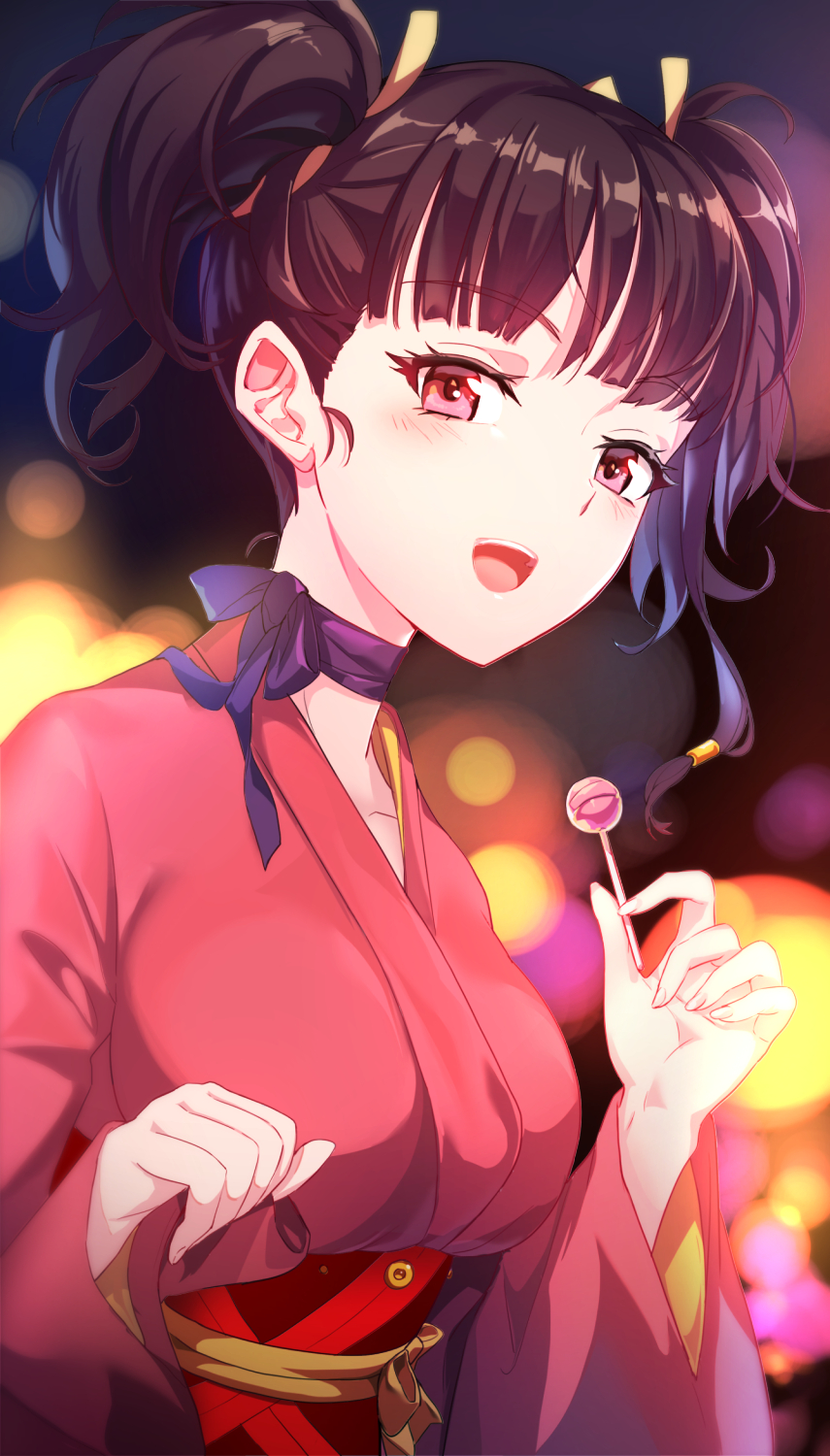 1girl bangs bloom blunt_bangs breasts brown_hair candy choker collarbone eyebrows_visible_through_hair festival floral_print food from_side hagha highres holding holding_candy holding_food holding_lollipop japanese_clothes kimono koutetsujou_no_kabaneri lollipop looking_at_viewer medium_breasts mumei_(kabaneri) nape night open_mouth pink_eyes pink_kimono purple_ribbon ribbon ribbon_choker sash short_kimono short_twintails smile solo twintails upper_body