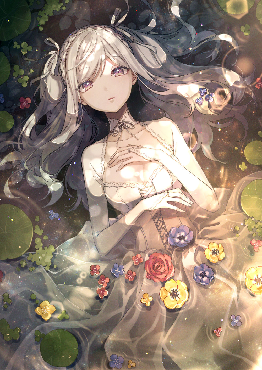1girl amaichi_esora blonde_hair breasts collarbone dress eyebrows_visible_through_hair fine_art_parody flower from_above hands_on_own_chest highres leaf lens_flare long_hair long_sleeves looking_at_viewer ophelia_(painting) original parody partially_submerged purple_flower red_flower small_breasts solo water wet wet_clothes wet_hair yellow_flower