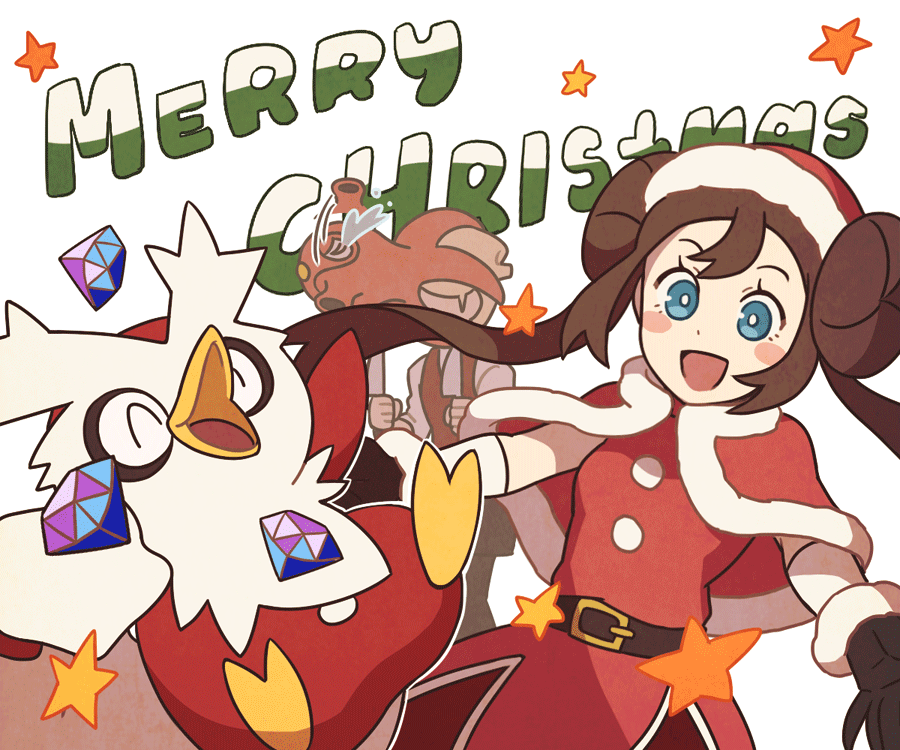 1boy 1girl :d belt blue_eyes blush_stickers bright_pupils brown_hair buttons capelet commentary delibird double_bun eyelashes floating_hair fur-trimmed_capelet fur-trimmed_headwear fur_trim gem gen_2_pokemon hat long_hair merry_christmas octillery official_alternate_costume open_mouth pokemon pokemon_(creature) pokemon_(game) pokemon_masters_ex red_capelet red_headwear rosa_(pokemon) sack santa_hat siebold_(pokemon) smile ssalbulre star_(symbol) tongue white_pupils