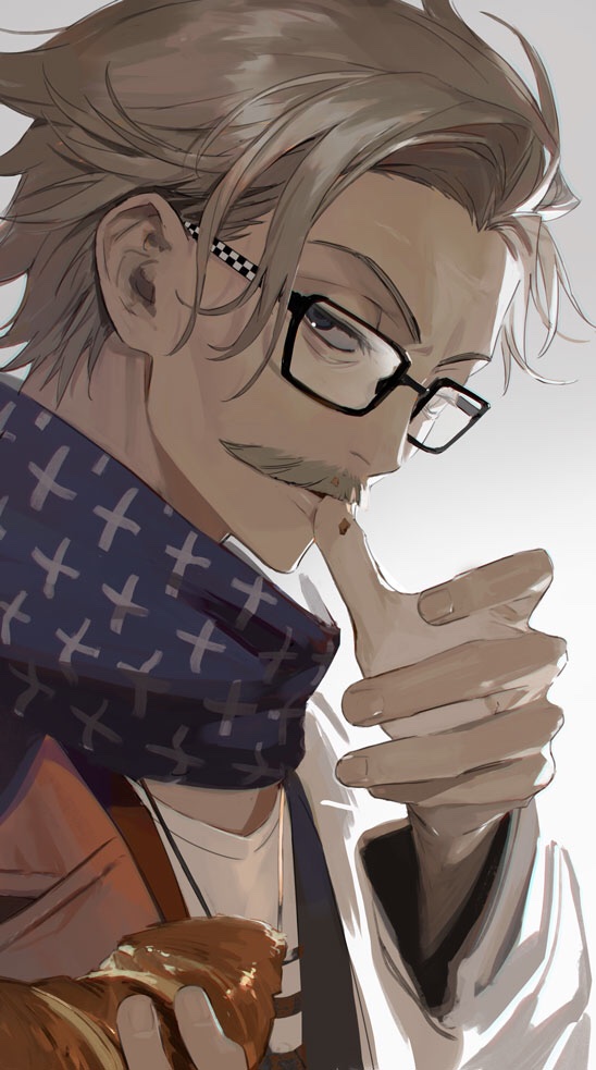 1boy black-framed_eyewear blue_scarf croissant facial_hair fate/grand_order fate_(series) food glasses grey_hair itefu james_moriarty_(fate) looking_at_viewer male_focus mustache scarf simple_background solo thumb_to_mouth upper_body