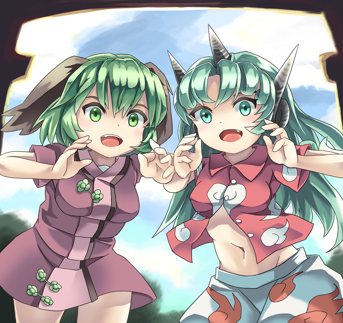 2girls animal_ears aqua_hair brown_dress buttons cloud_print cowboy_shot curly_hair dog_ears dress green_eyes green_hair heart horns houshiruri kariyushi_shirt kasodani_kyouko komainu komano_aunn leaning_forward long_hair midriff multiple_girls navel open_clothes open_mouth open_shirt red_shirt shirt short_hair short_sleeves shorts shouting single_horn standing touhou white_shorts